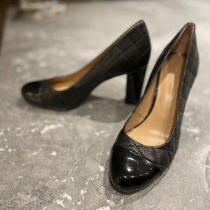 Ann Taylor (Size 7.5) Black Patent Leather and Quilted Block High Heel